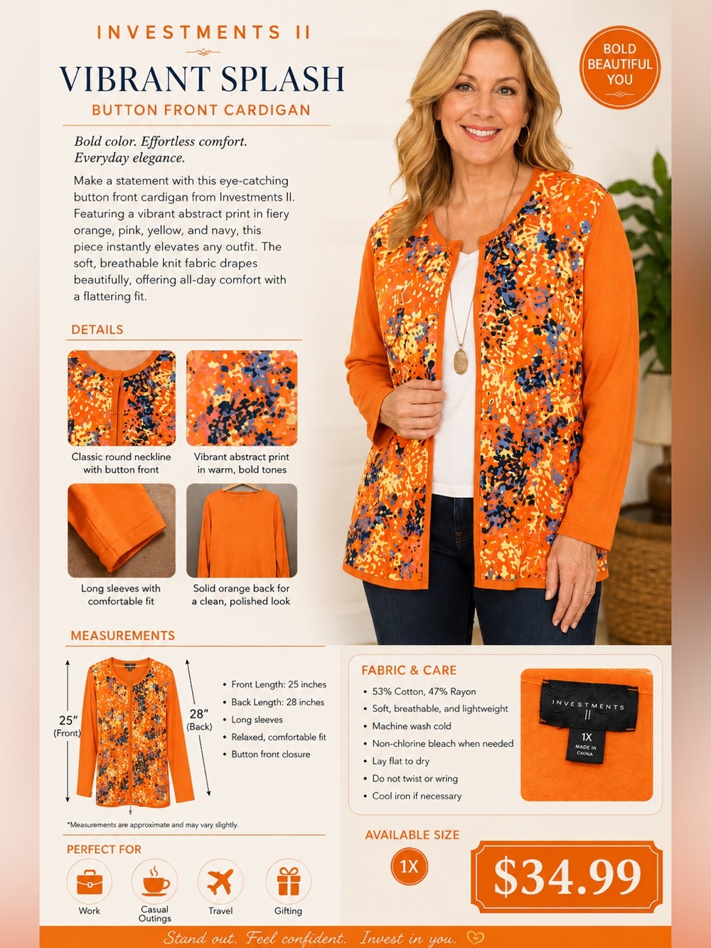 Investments Orange Multicolor Floral open Front Cardigan